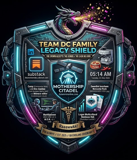 Team DC Family Legacy Shield — mothership citadel, Substack, LinkedIn, CeeDee, Thursday Logan landfall